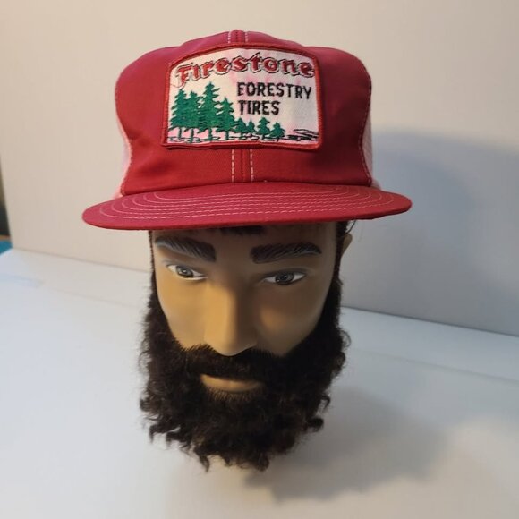 Vintage 90s Trucker Hat Firestone Forestry Tires Patch Mesh Adjustable Hat - Picture 1 of 8